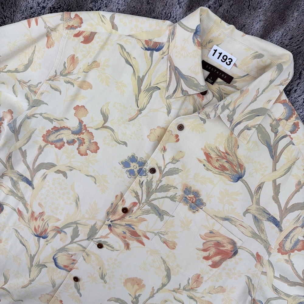 SALTAIRE Men's Silk Blend Floral Short Sleeve Button Down Shirt Large Soft Beach
